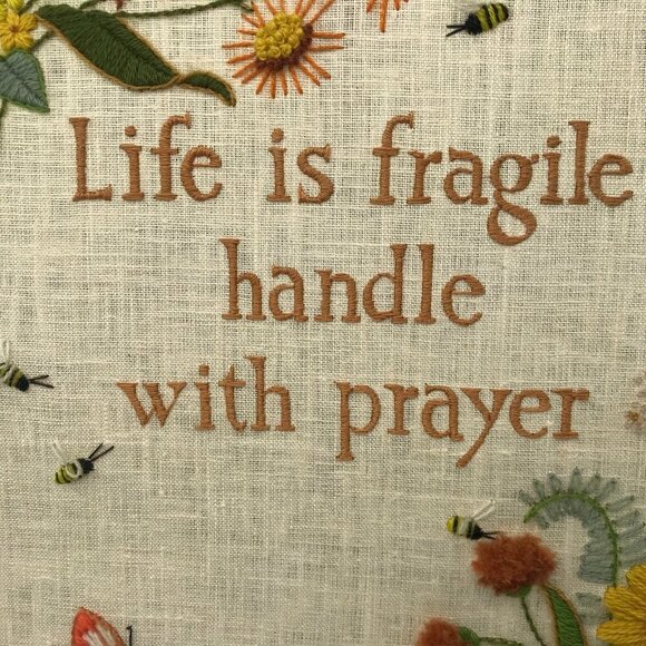 Vtg 80s Completed Life is Fragile Prayer Crewel Embroidery Bird Wall Hanging - Picture 7 of 16